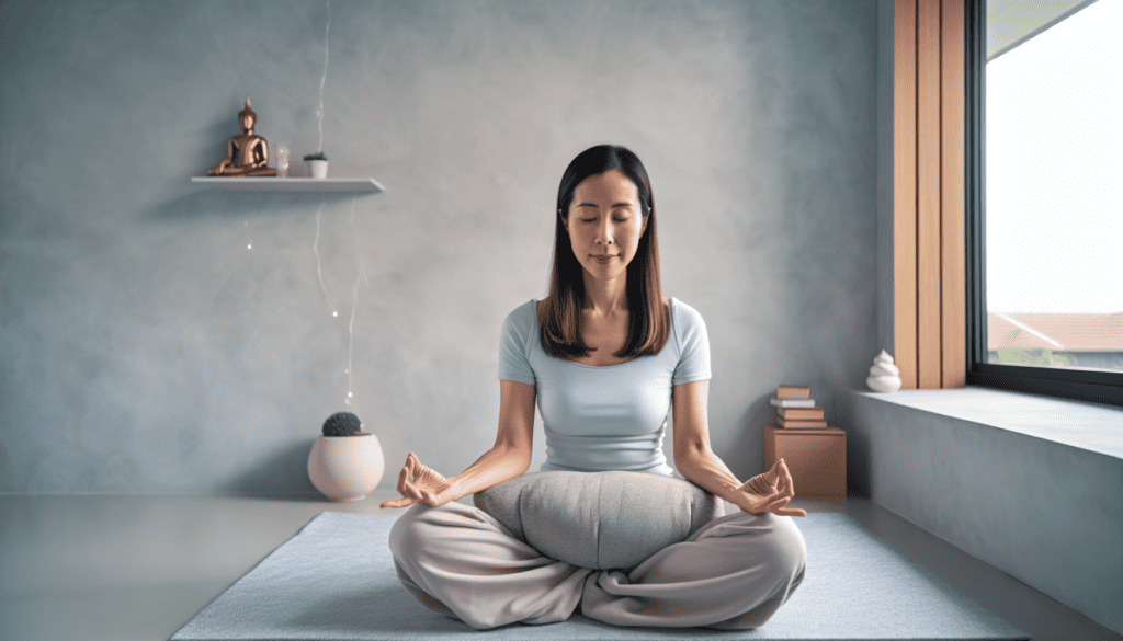 A person practicing mindfulness and meditation in a peaceful environment